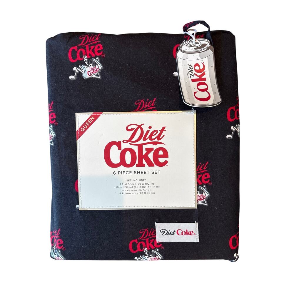Diet Coke QUEEN Sheet Set Black Silver & Red Coca-Cola Bedding 4 Piece Set NEW